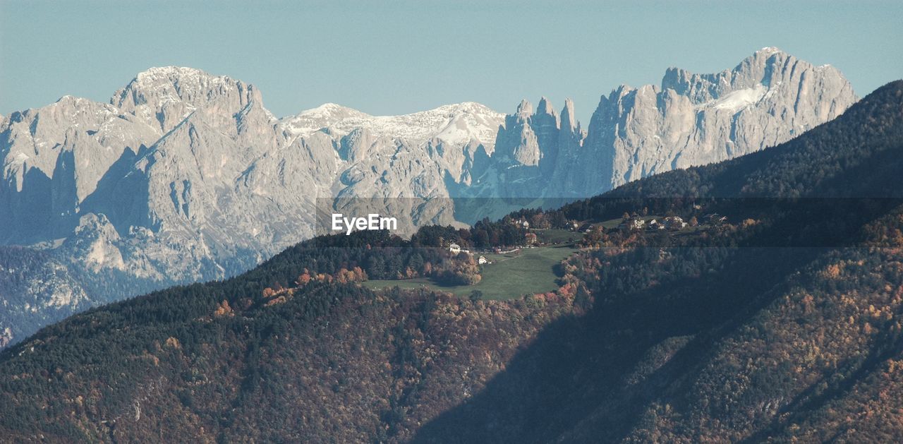 Scenic view of rocky mountains against clear sky