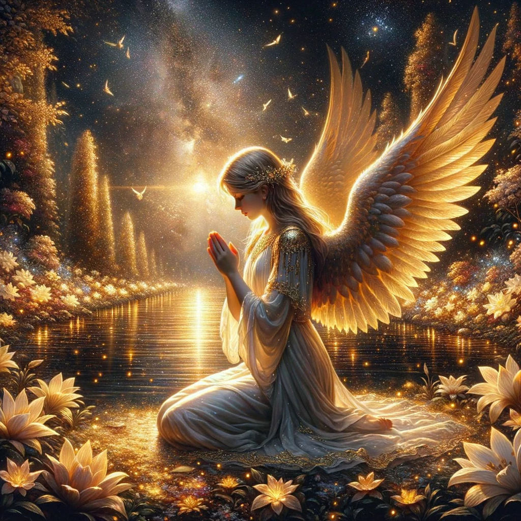 angel, religion, spirituality, nature, adult, one person, women, beauty in nature, water, belief, fantasy, arts culture and entertainment, fairy, tranquility, meditating, animal, zen-like, outdoors, person, young adult, motion, sky, digital composite, gold, female, night, ethereal