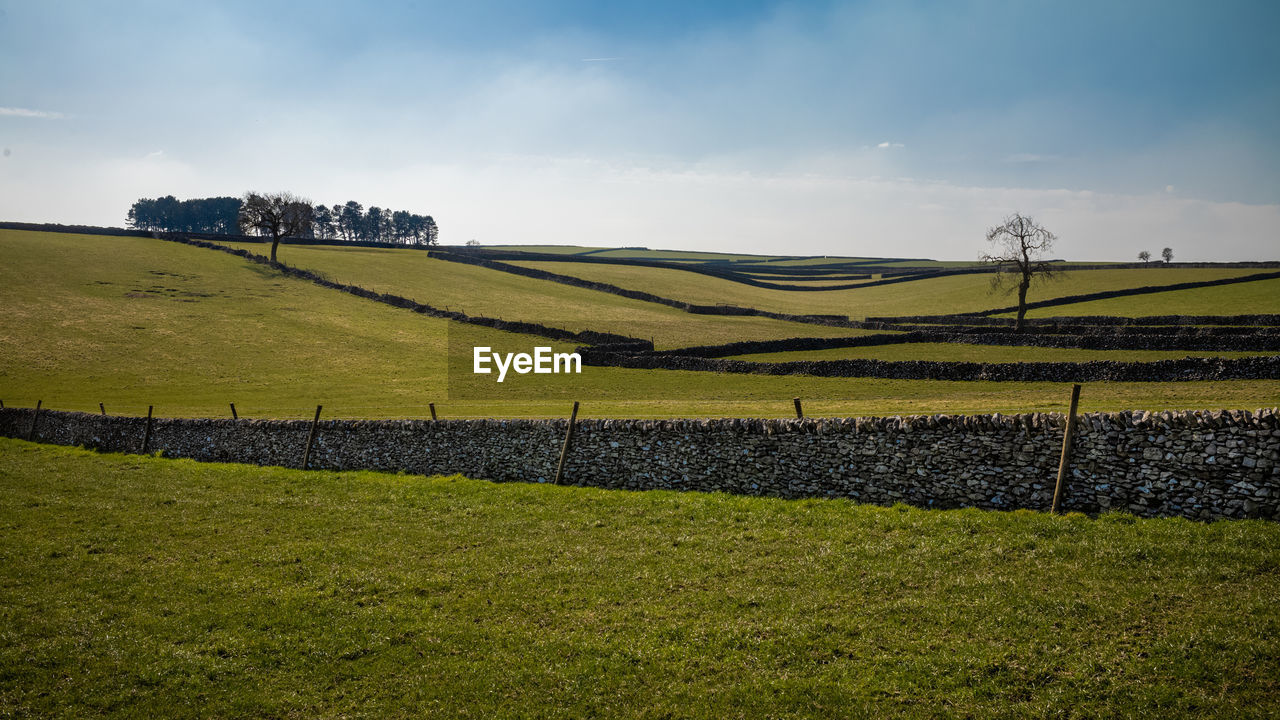 Scenic view of agricultural field against sky. litton, peak district. 