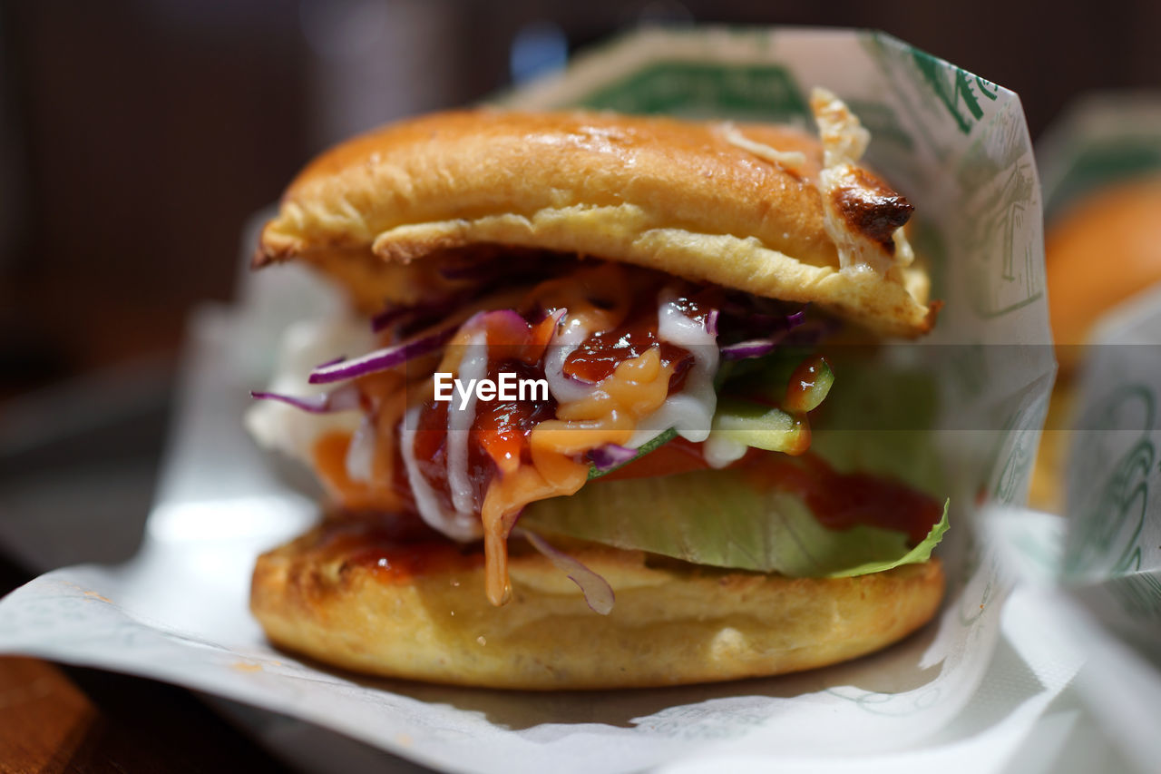 Close-up of burger on table