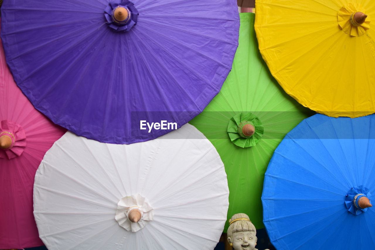 Close-up of multi colored umbrellas