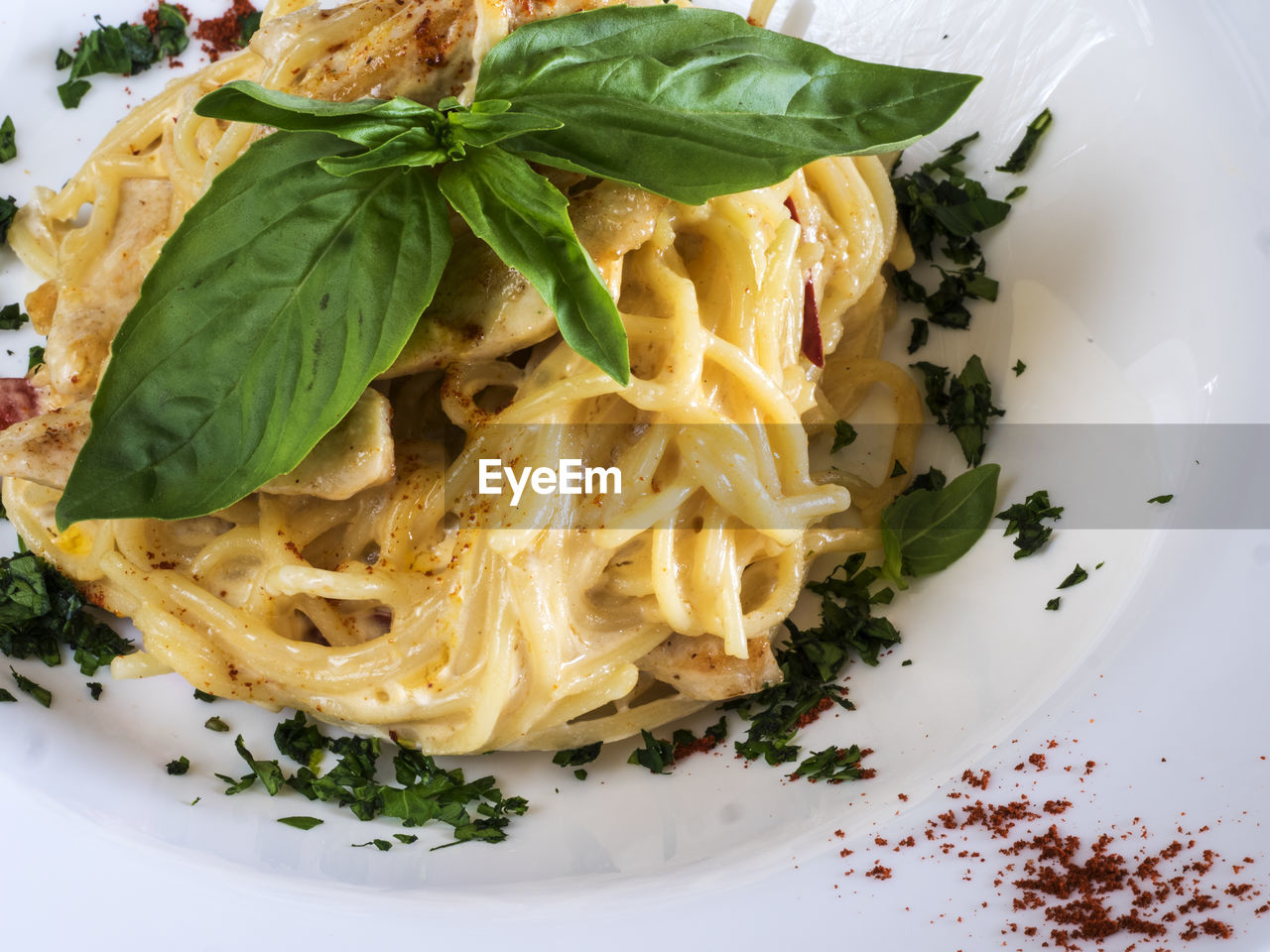 Close-up of spaghetti with cream sauce and chicken fillet in plate