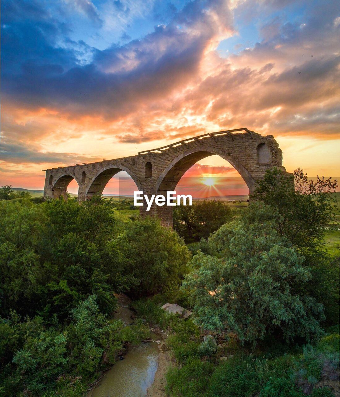 ARCH BRIDGE AMIDST PLANTS AGAINST SKY DURING SUNSET