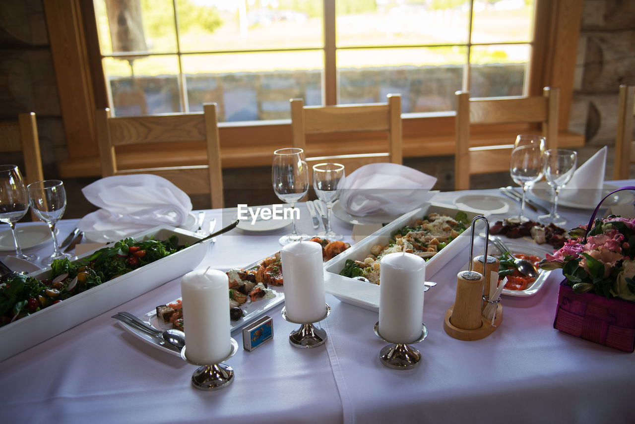 High angle view of food on dining table in restaurant