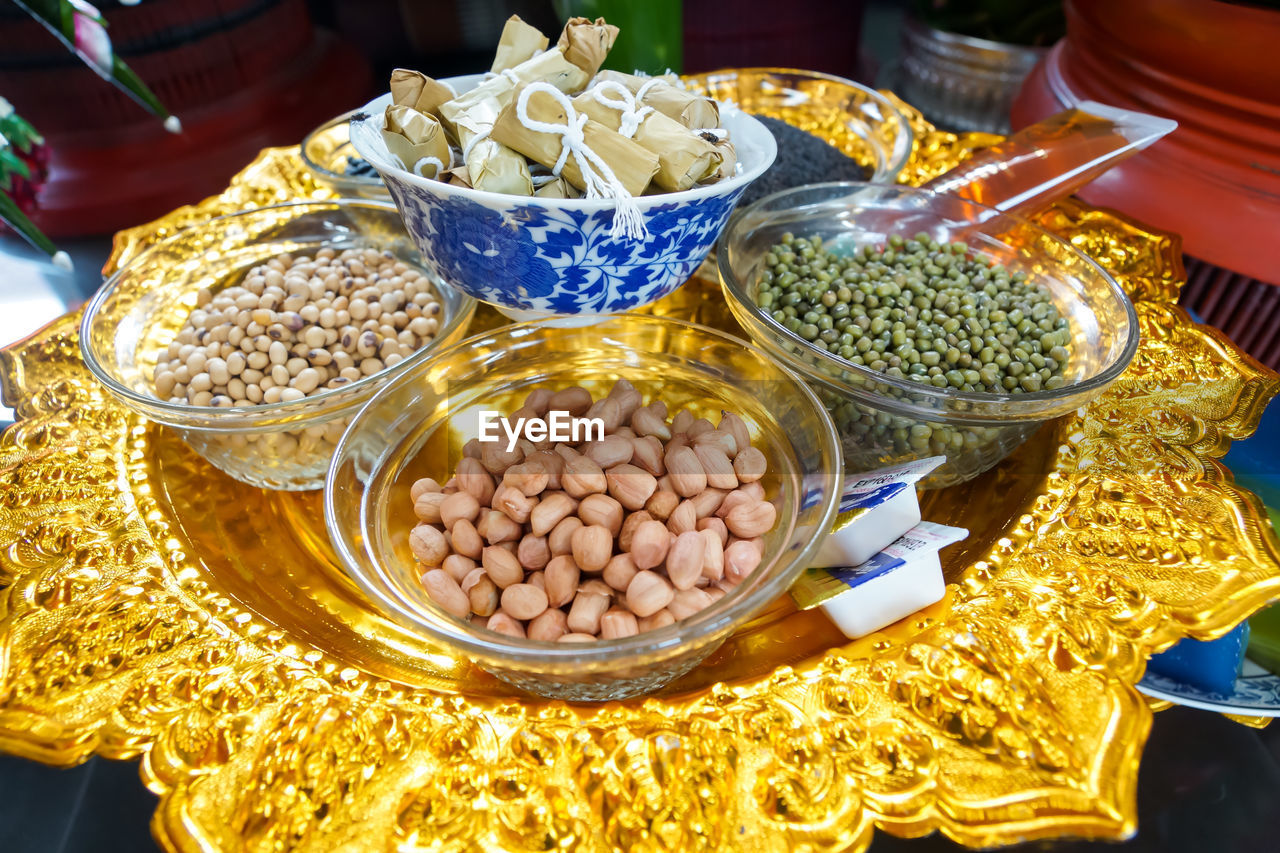 High angle view of food served on gold plate