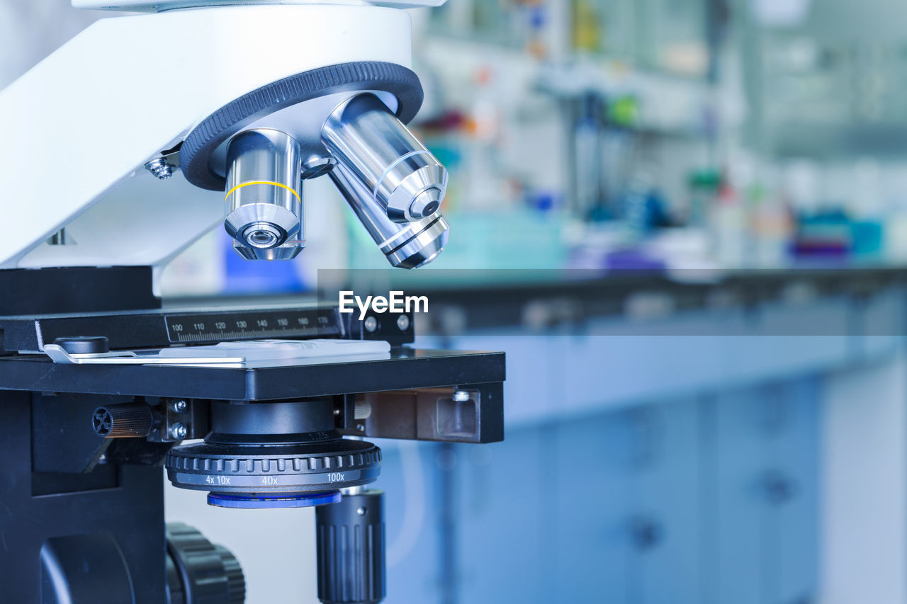 Close-up of microscope in laboratory