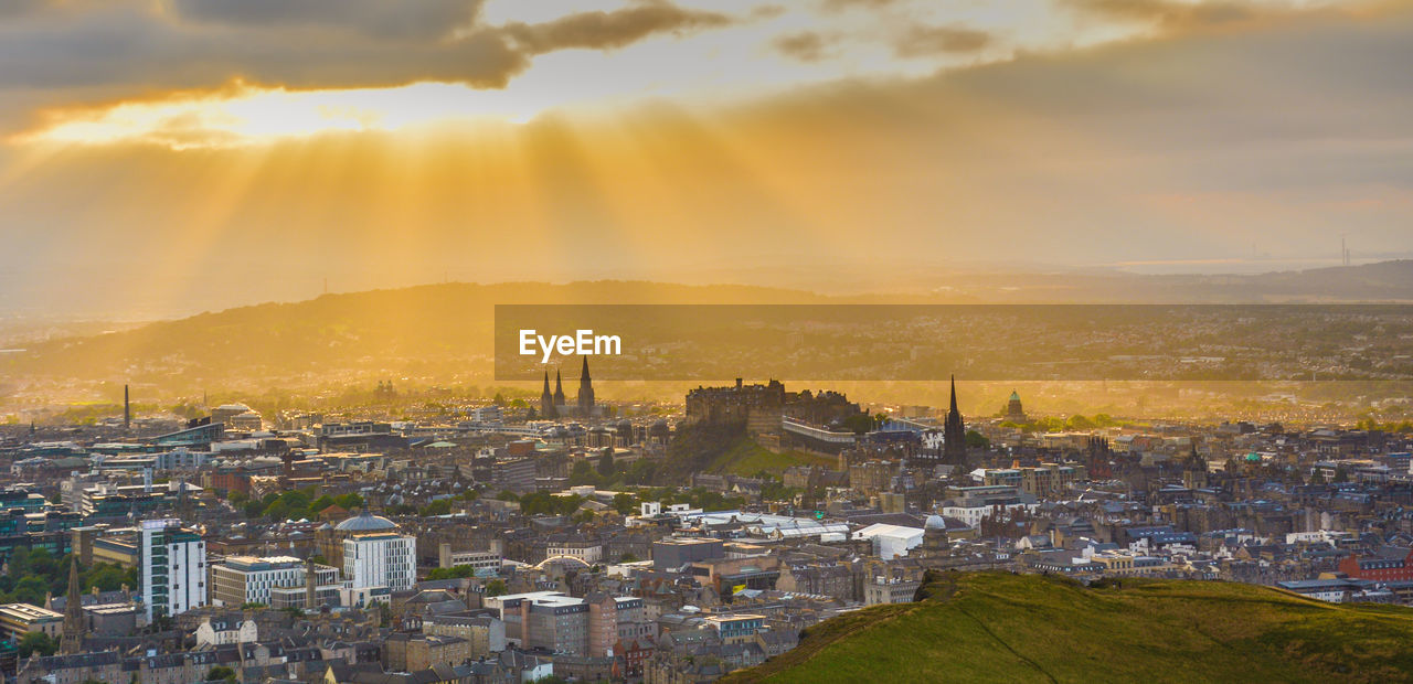 High angle view of townscape against sky during sunset