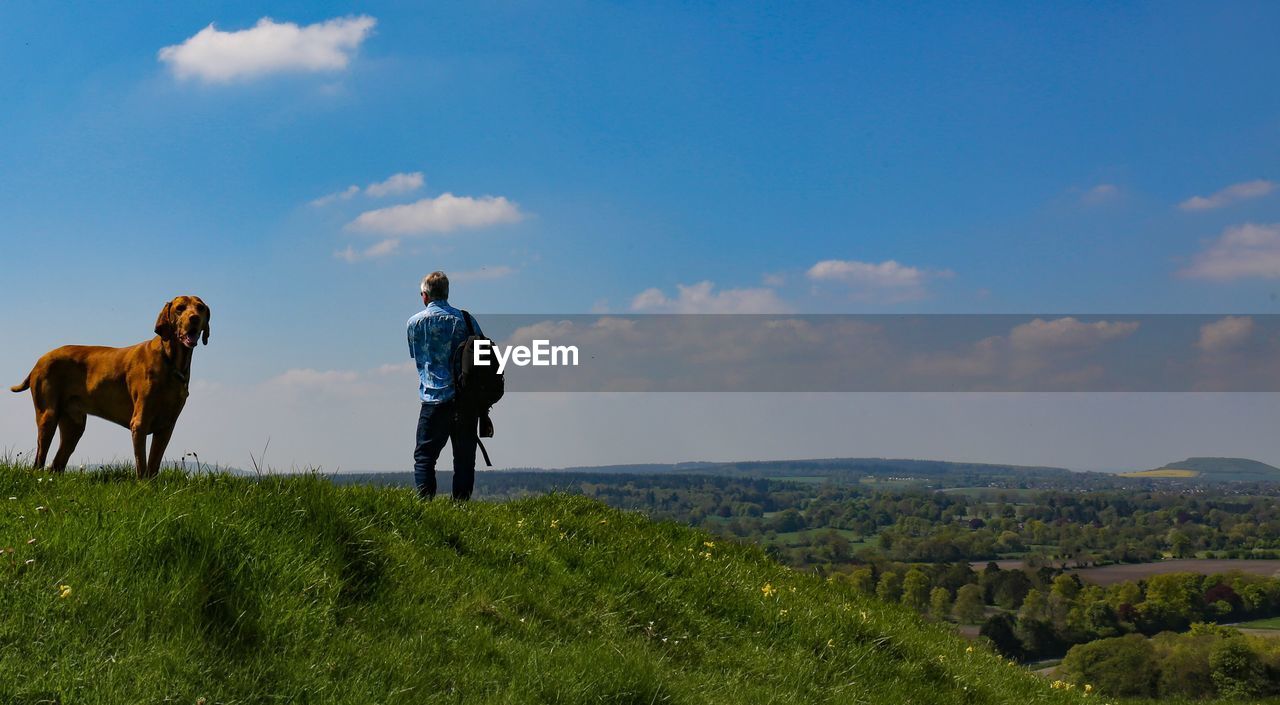 Man standing on field against sky with vizsla dog