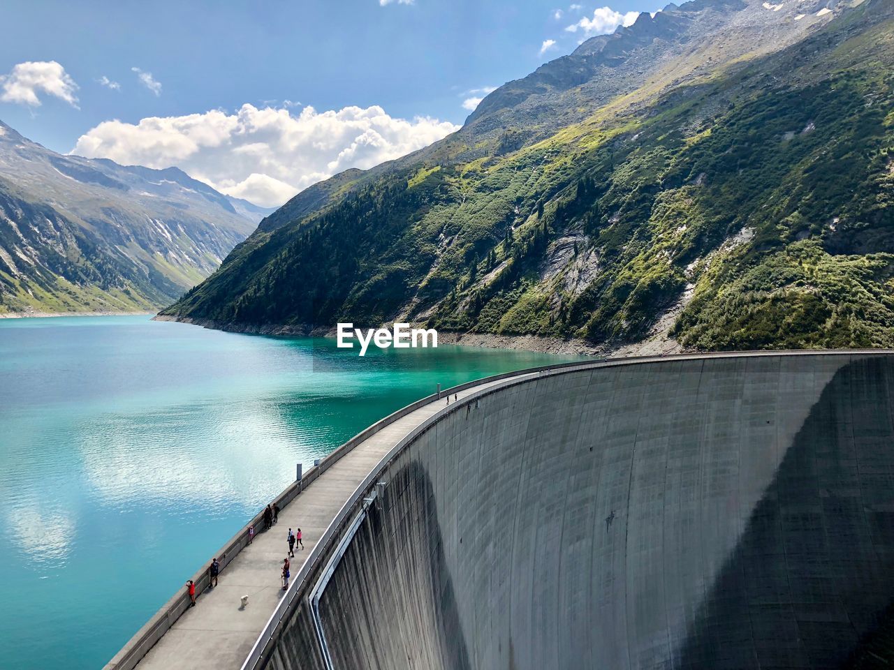 High angle view of dam against mountains