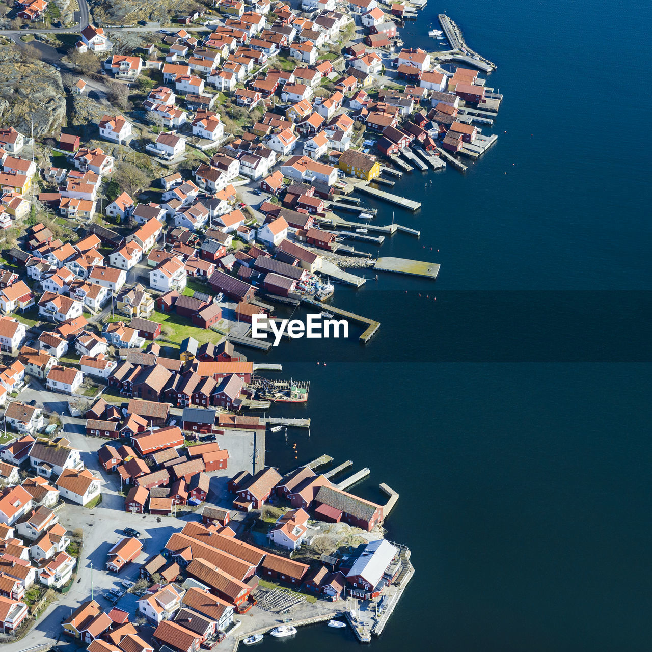 Aerial view of buildings at sea