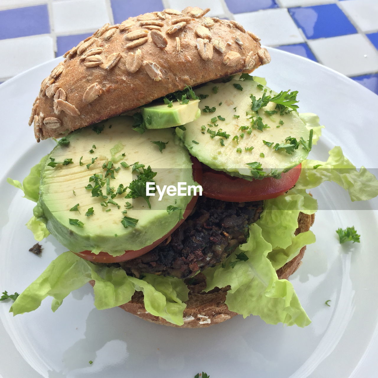 High angle view of burger served in plate