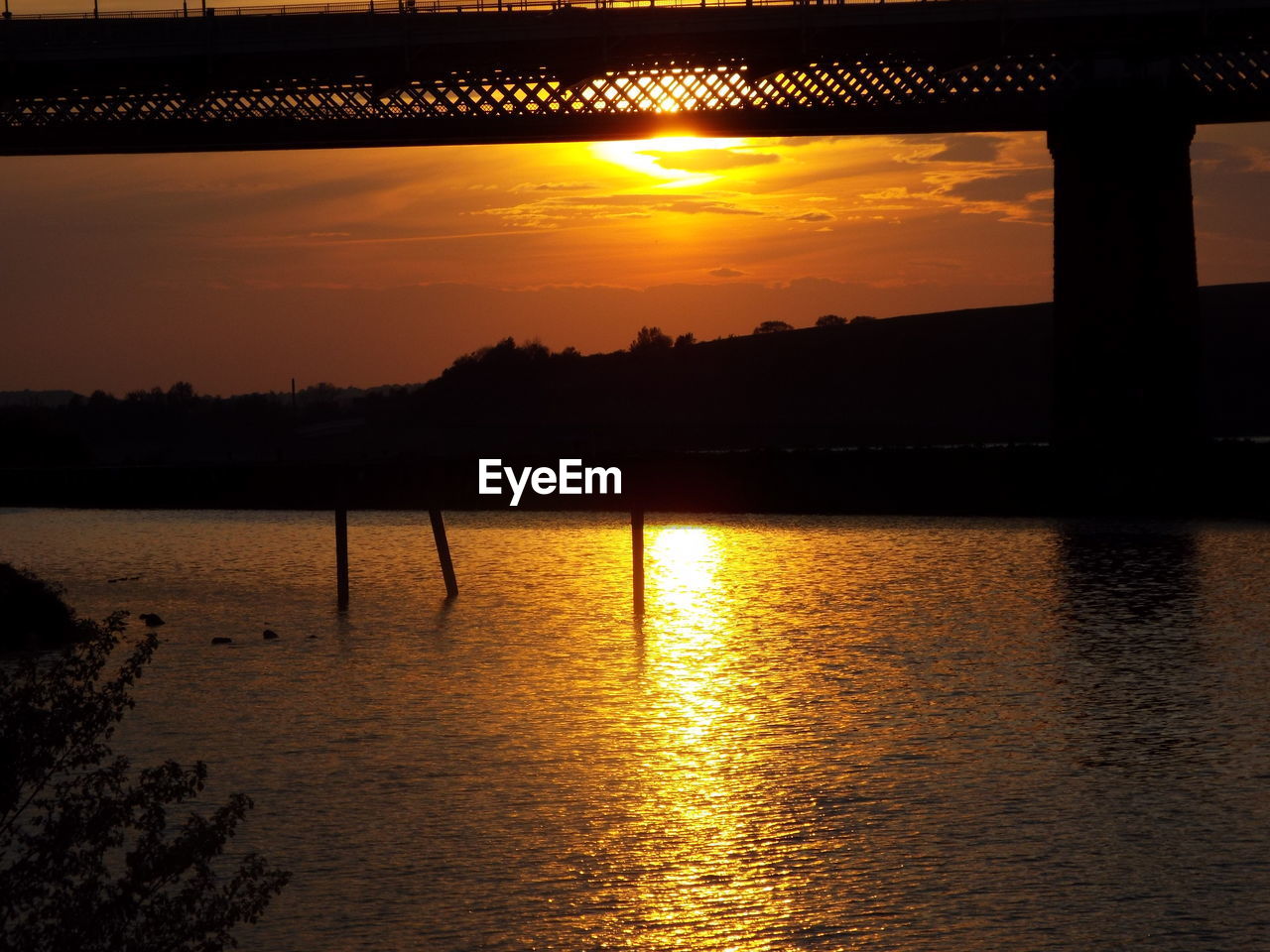 Silhouette bridge over river during sunset