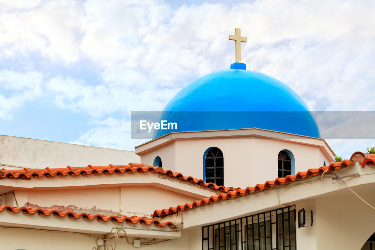 The blue dome of the traditional greek bell tower of a christian orthodox temple in loutraki, greece