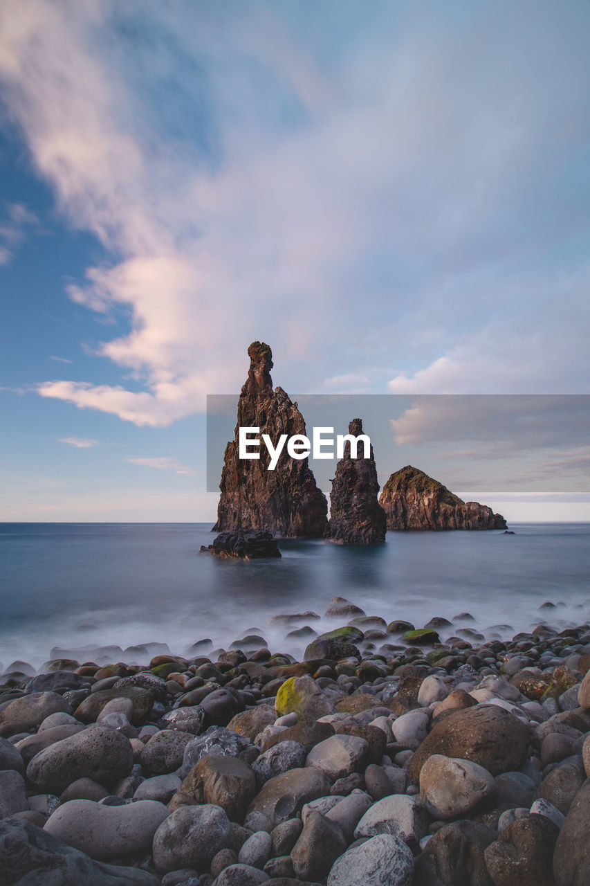 Ilheu da ribeira da janela near the famous town of porto moniz in the island of madeira, portugal.