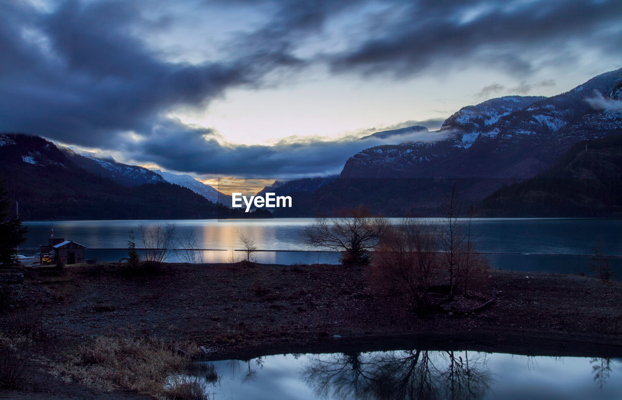 Scenic view of lake and mountains against sky