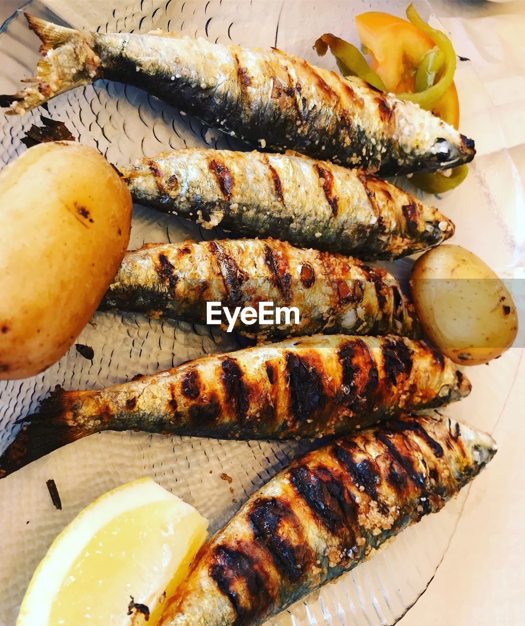 HIGH ANGLE VIEW OF FISH IN PLATE