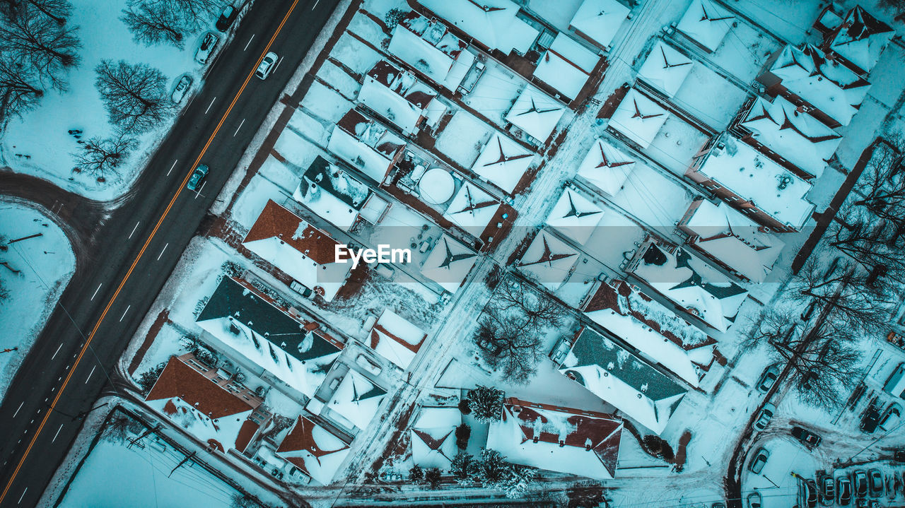 Aerial view of snow covered houses