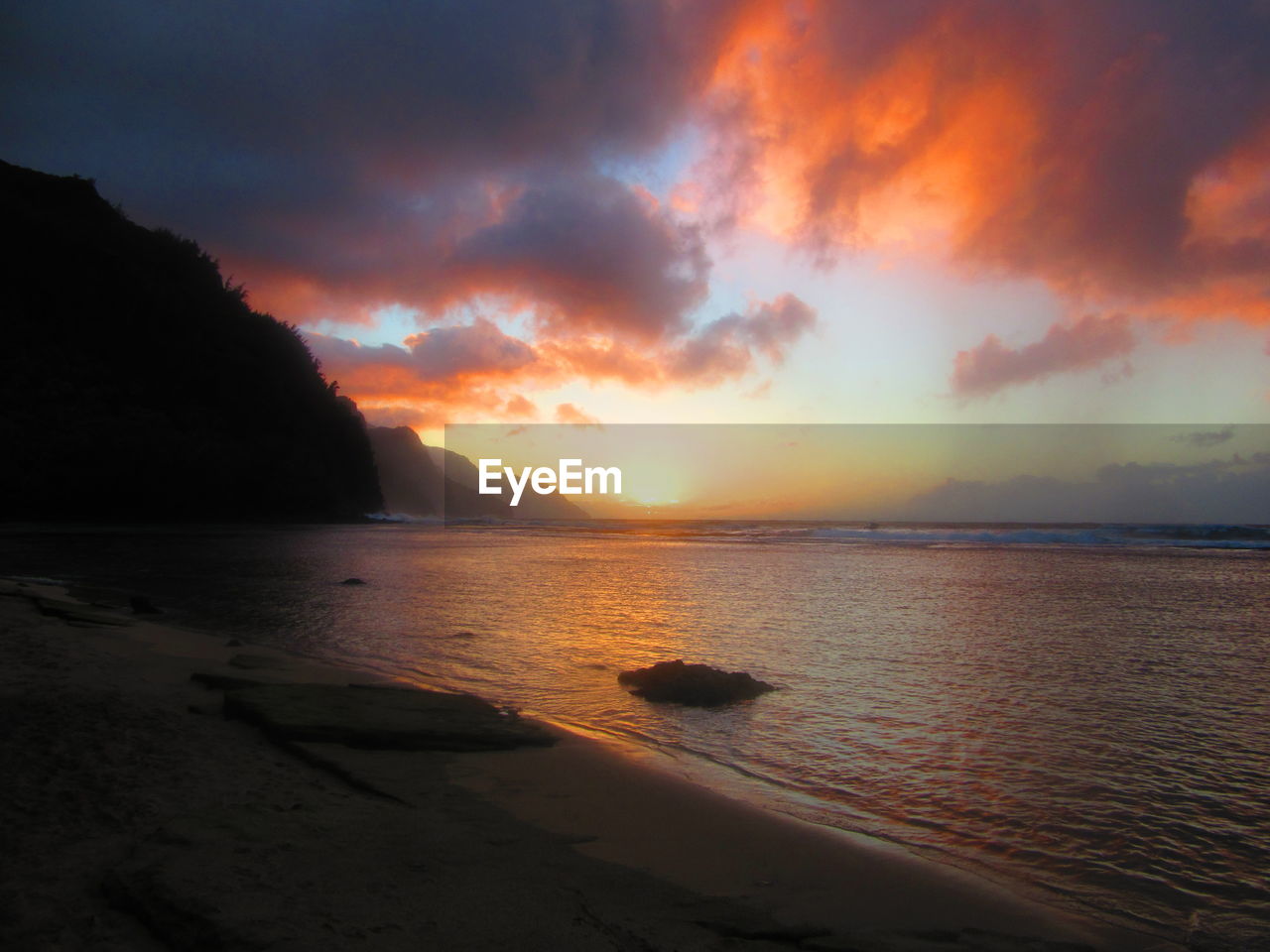 SCENIC VIEW OF BEACH AGAINST SKY DURING SUNSET