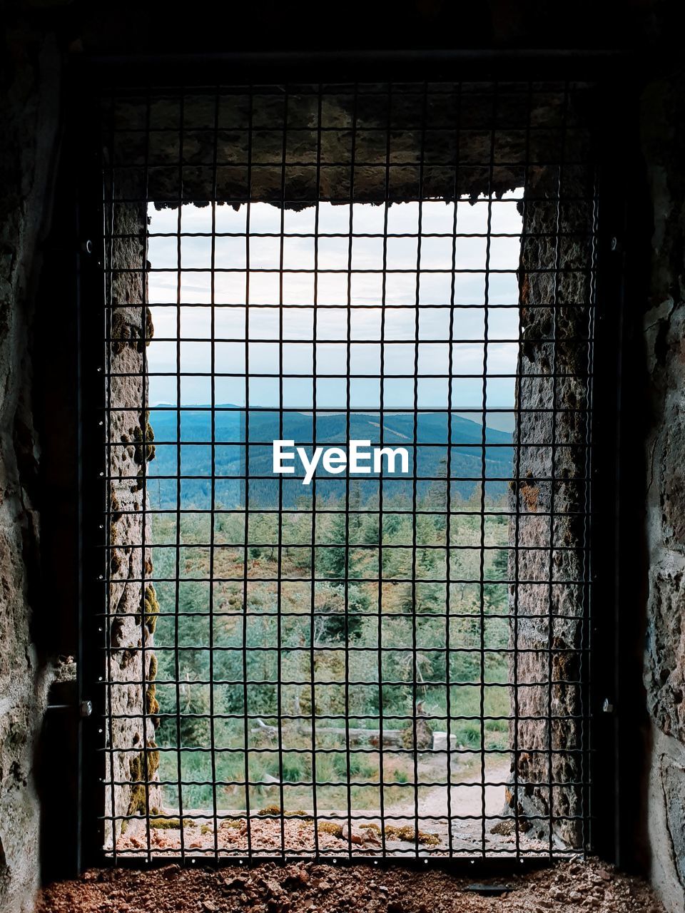 Metal fence by window in abandoned building