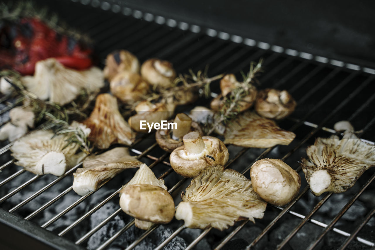 Mushrooms and veggies roasted on barbecue grill