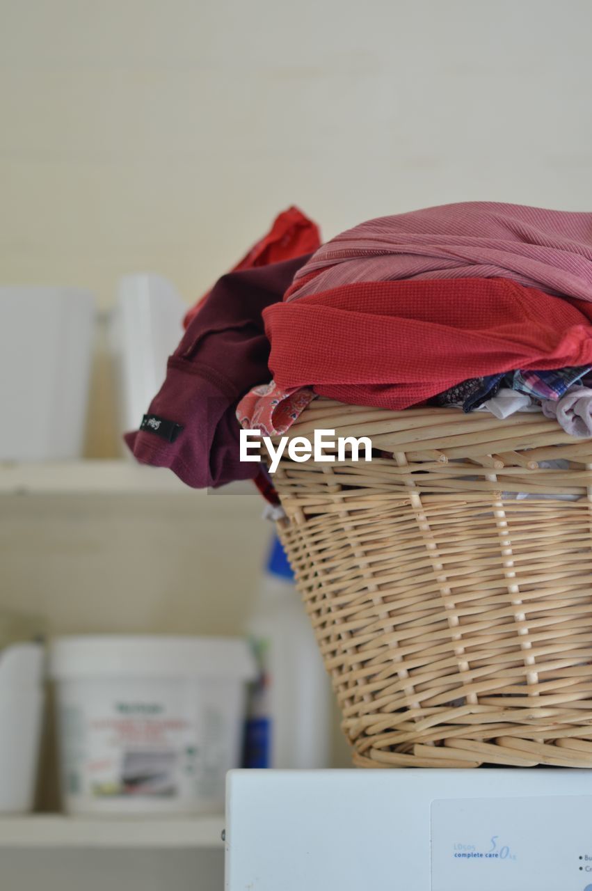 Close-up of clothes in basket at home