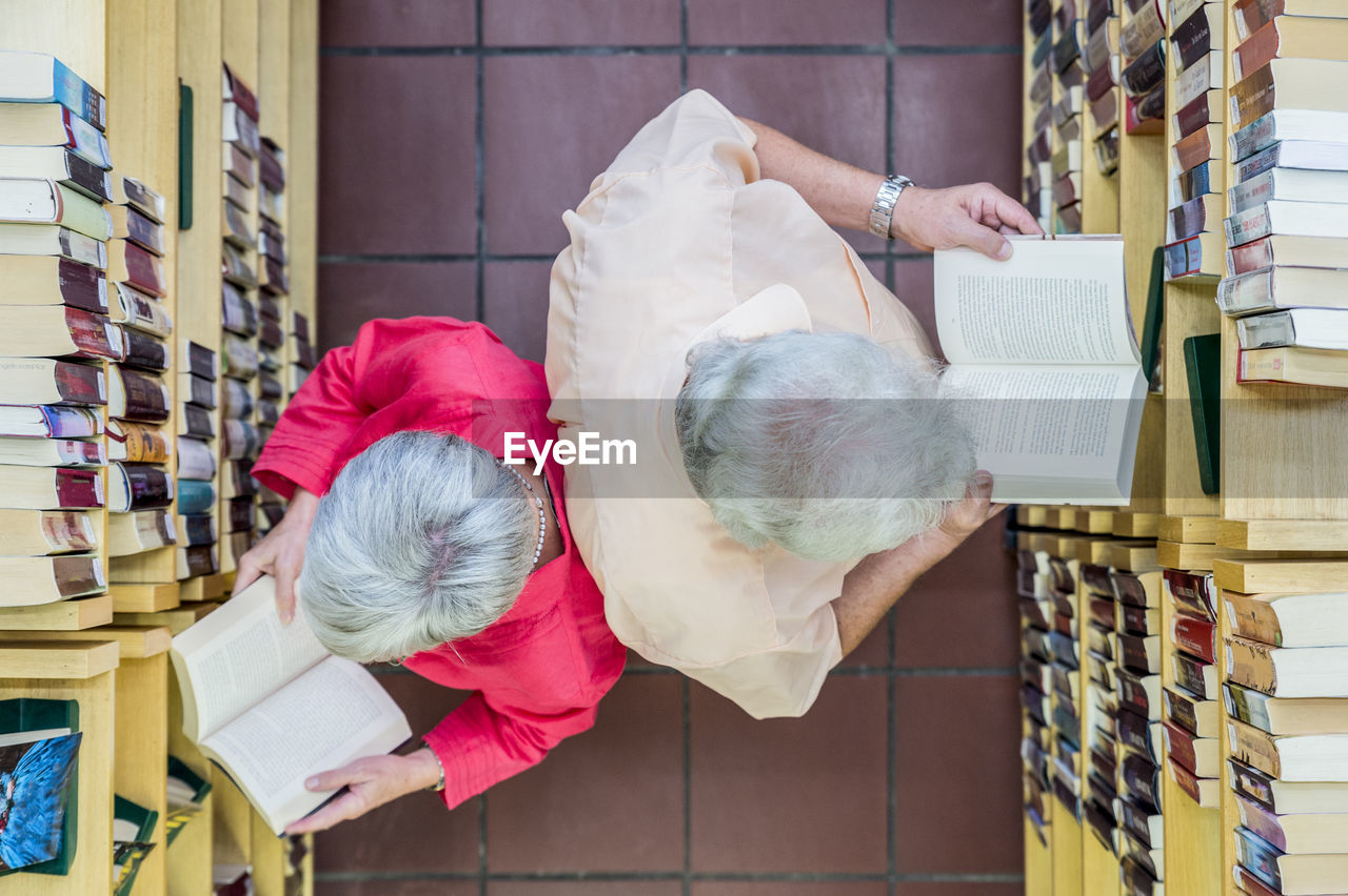 Two users reading books back to back in a city library, top view