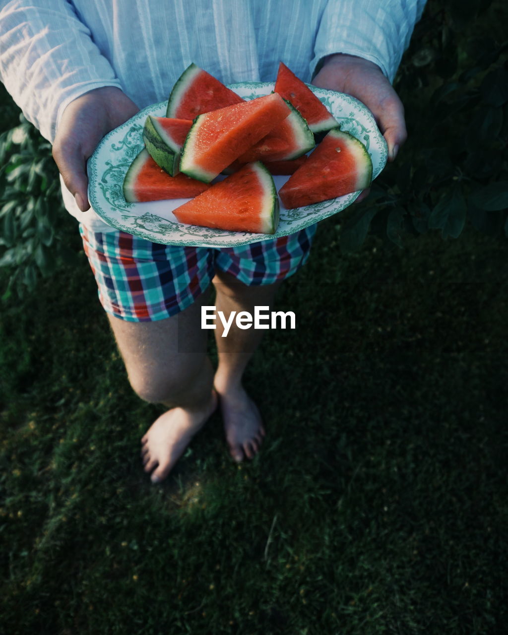 Low section of woman holding watermelon in plate