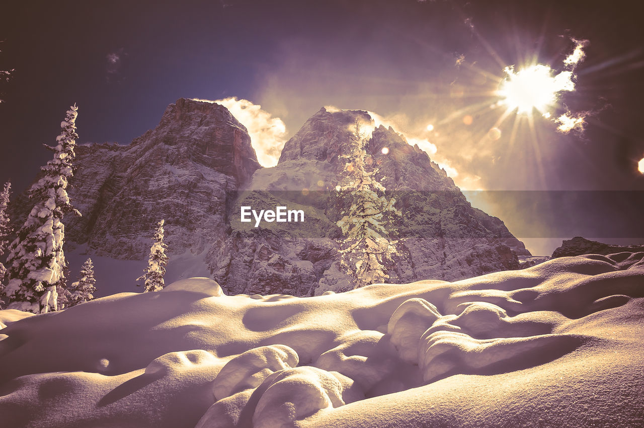 SCENIC VIEW OF SNOWCAPPED MOUNTAINS AGAINST SKY DURING WINTER