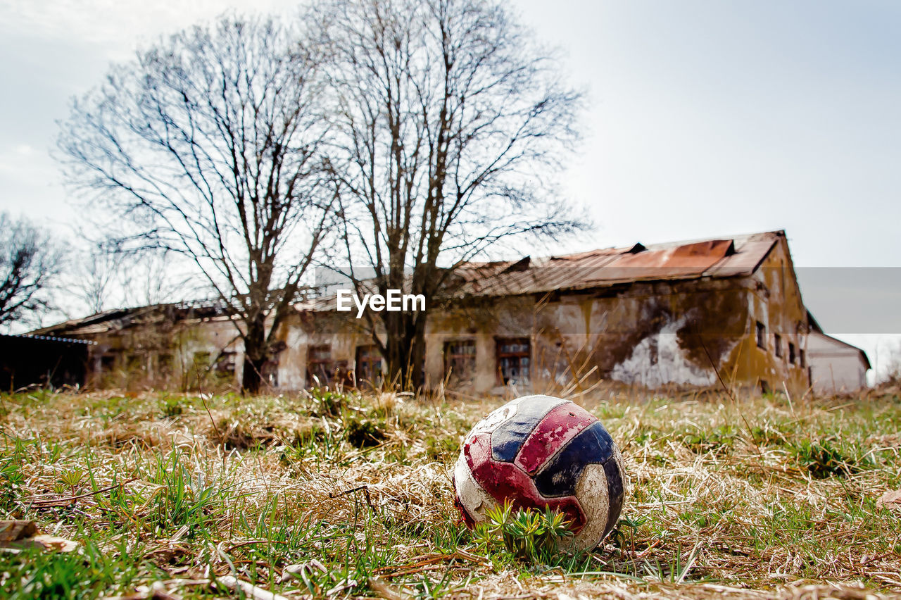 A forgotten volleyball is lying in the grass. an abandoned locality with old objects 