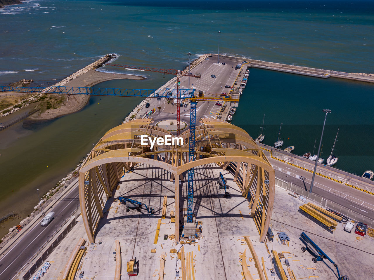 High angle view of city by sea