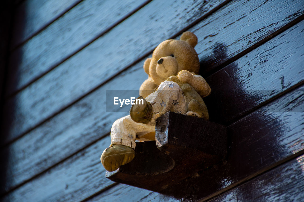 High angle view of teddy bear on wooden table