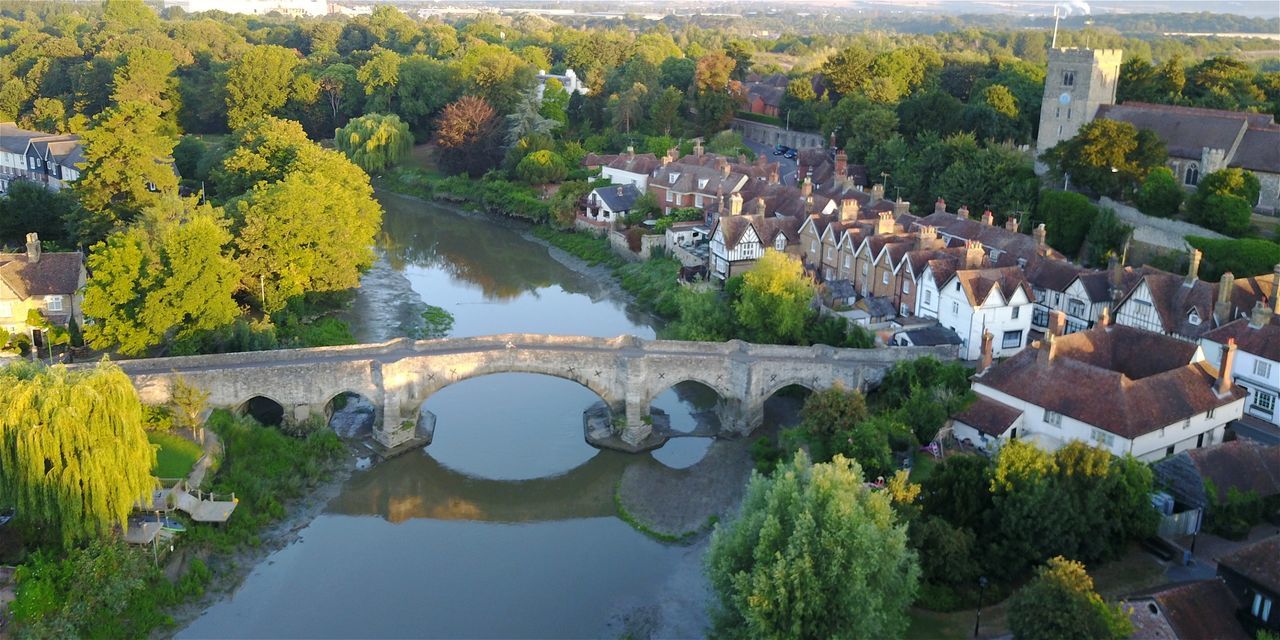 HIGH ANGLE VIEW OF RIVER AMIDST TREES AND BUILDINGS