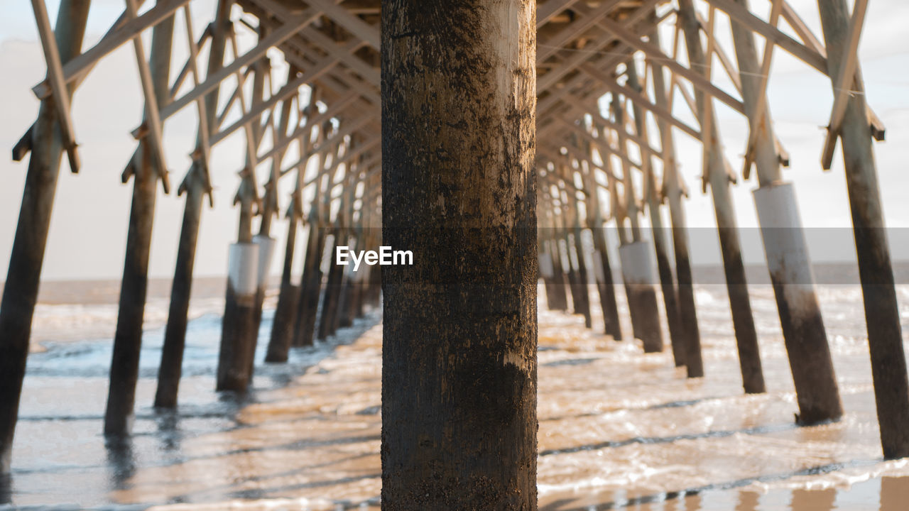 CLOSE-UP OF WOODEN POSTS ON BEACH AGAINST BUILDINGS