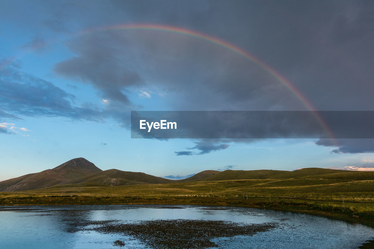 Scenic view of lake by field against sky