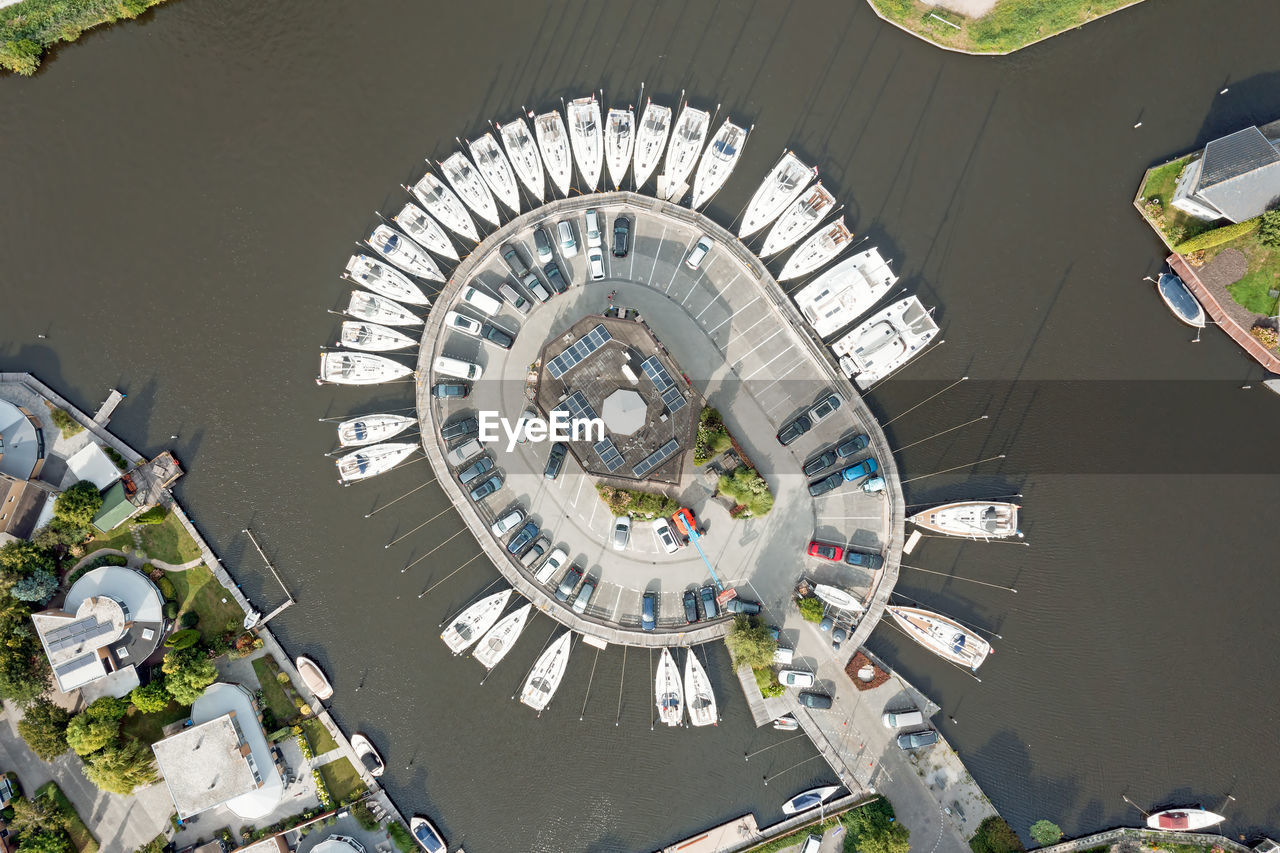 Aerial topshot from boats at a marina in friesland in the netherlands