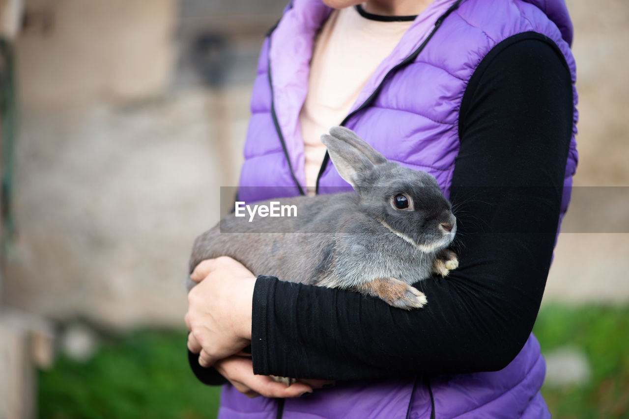 Midsection of mid adult woman carrying cute rabbit while standing outdoors
