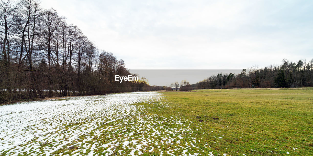 Scenic view of snowy field against sky