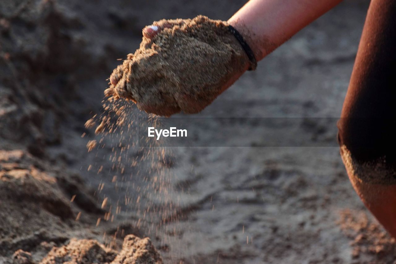 Midsection of person holding sand