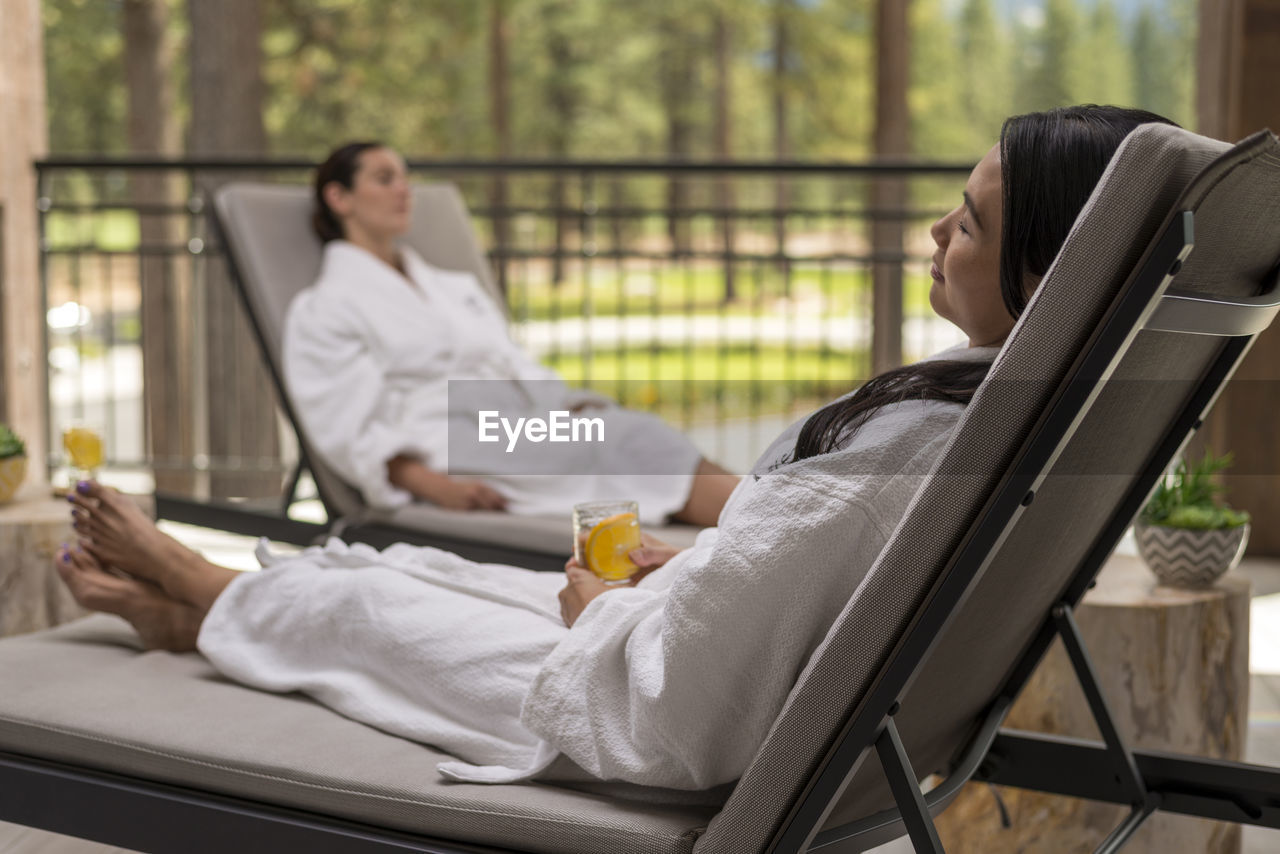 Two women relaxing at the spa at edgewood in stateline, nevada.