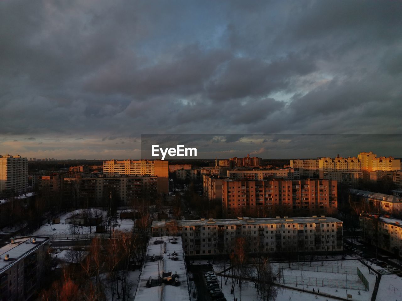 High angle view of city during winter