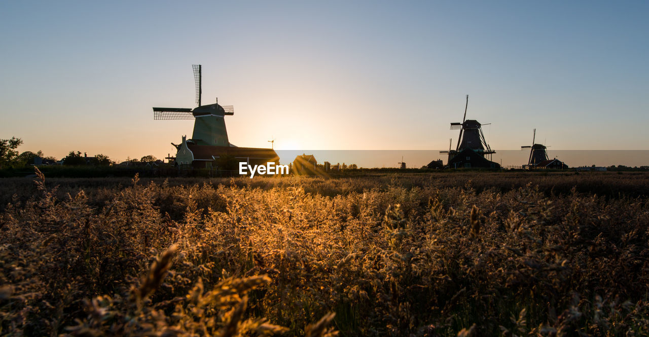 Traditional windmills on field against clear sky during sunset