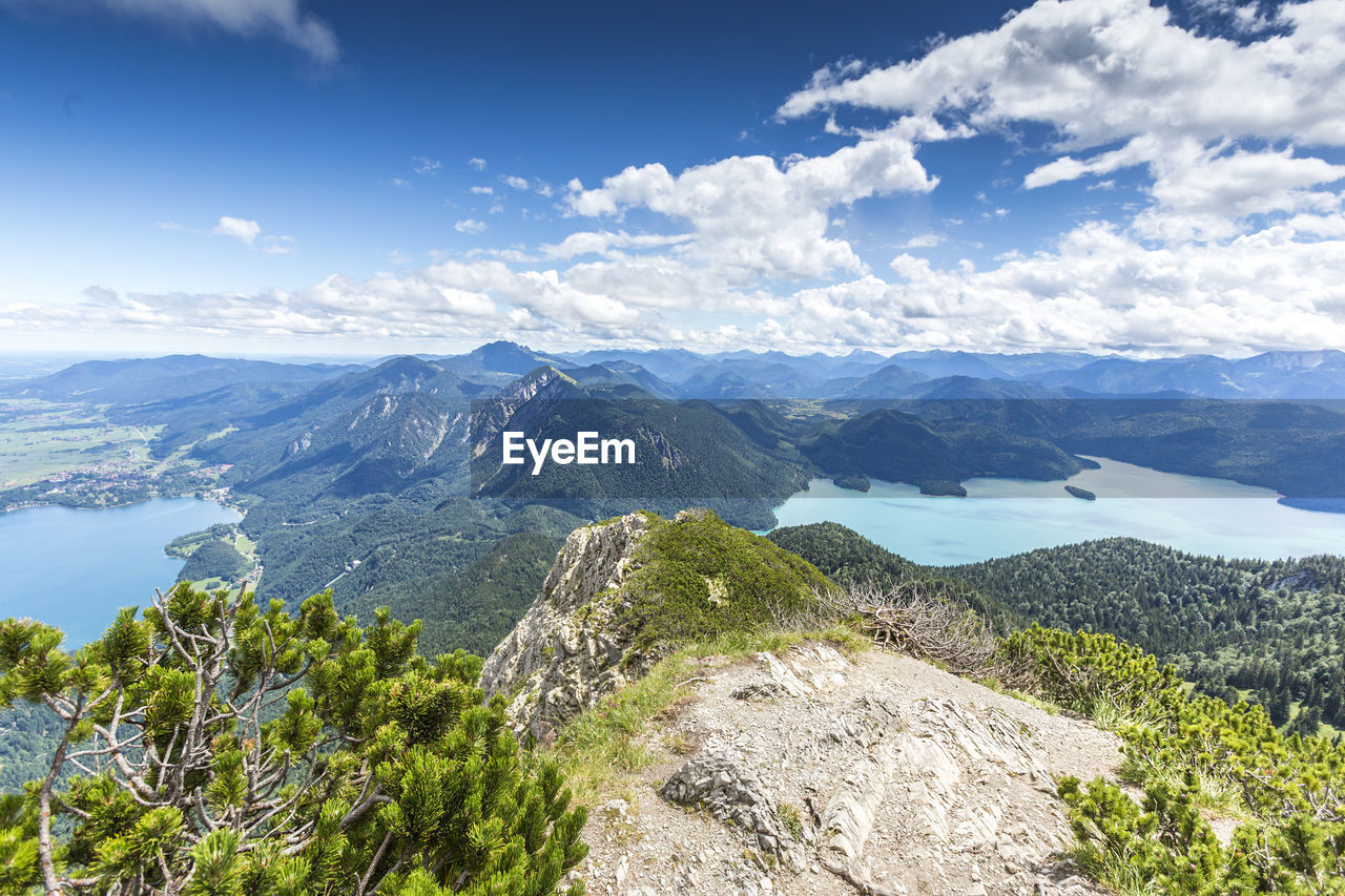 Scenic view of mountains and sea against sky