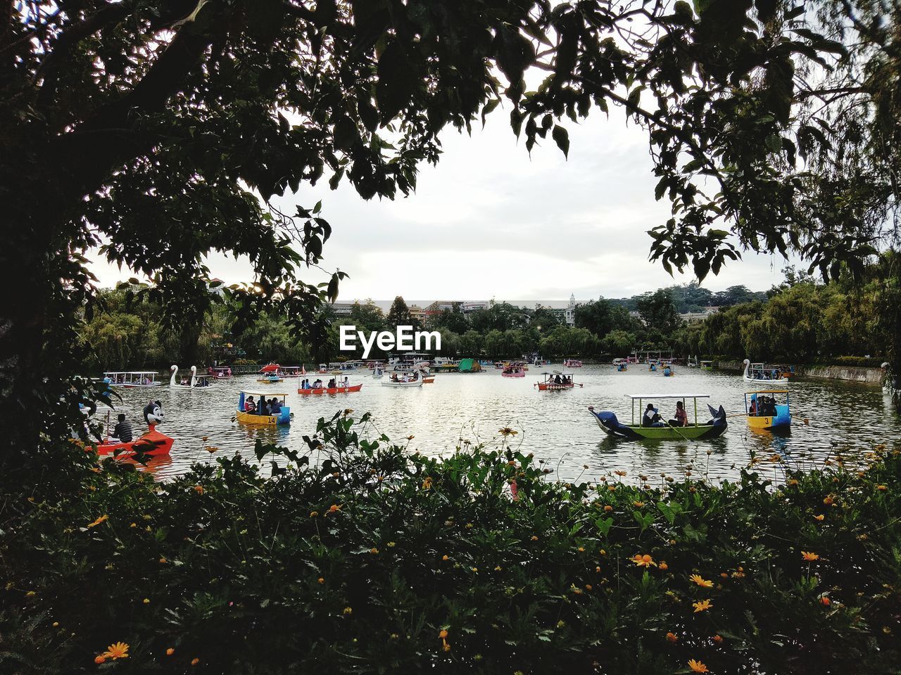 BOATS MOORED BY LAKE AGAINST TREES