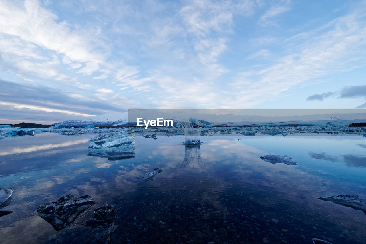 AERIAL VIEW OF FROZEN LAKE AGAINST SKY