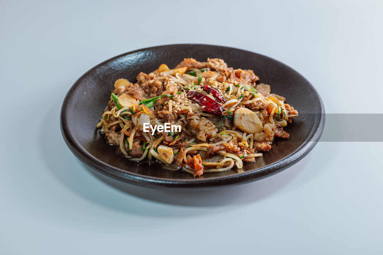 HIGH ANGLE VIEW OF MEAL SERVED IN PLATE