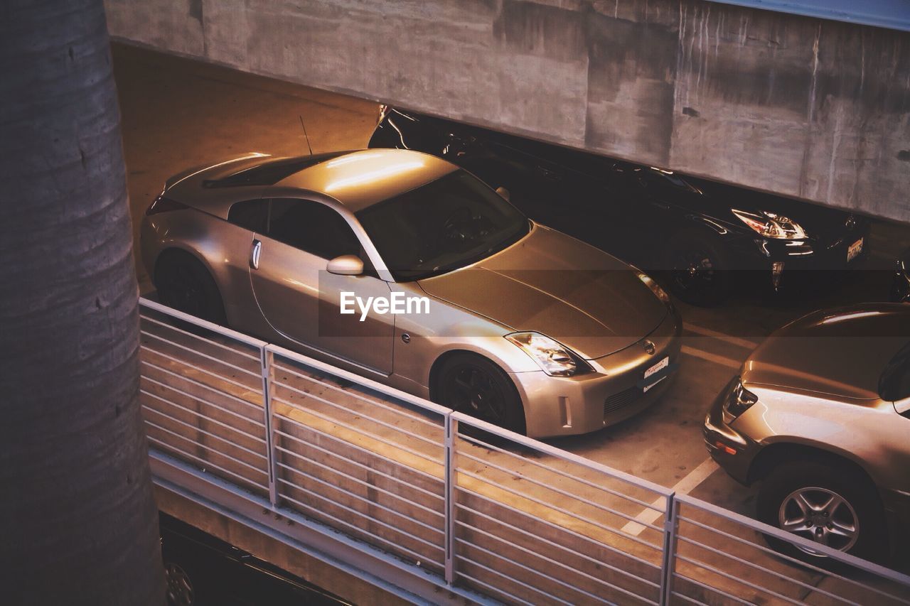 High angle view of modern cars in parking lot