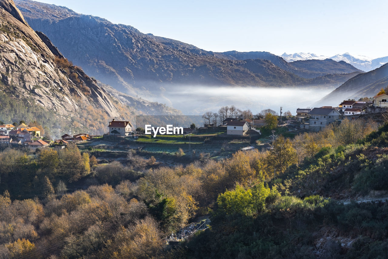 Scenic view of trees and buildings against sky