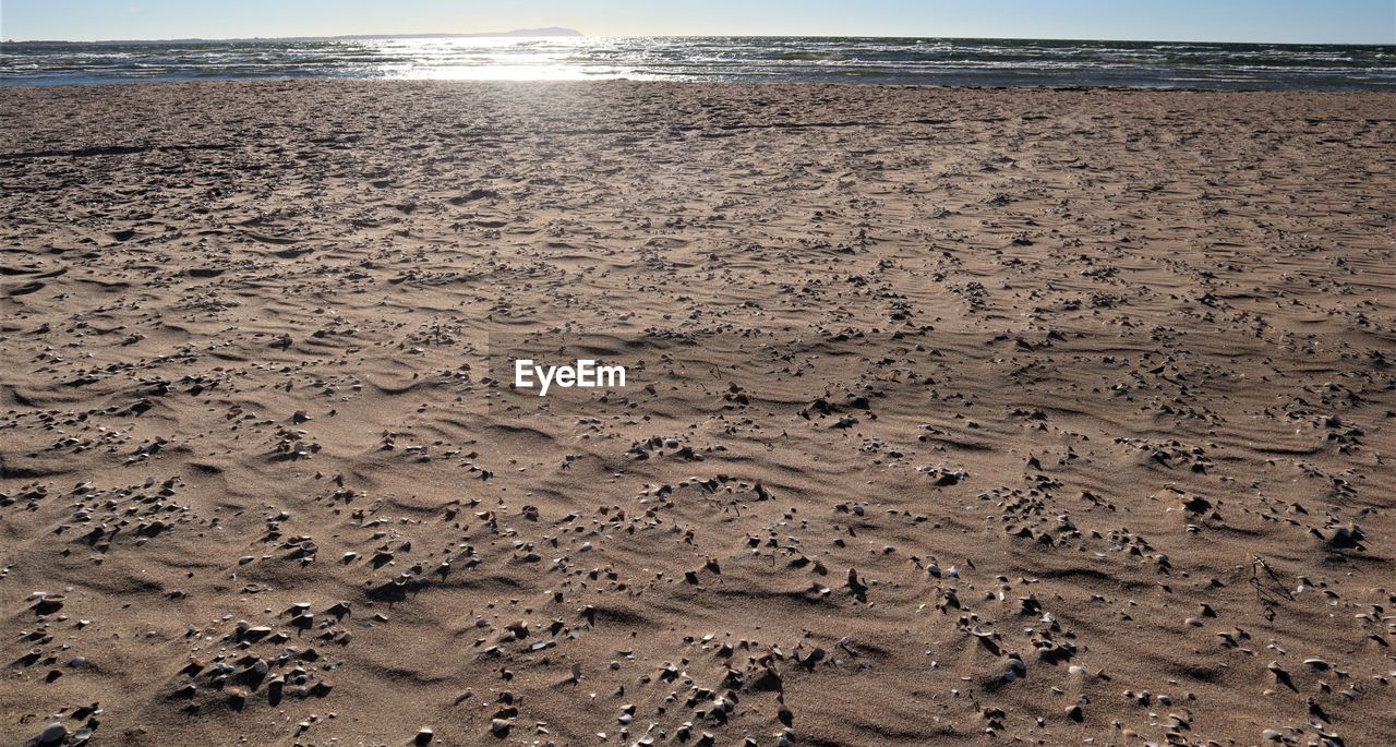 HIGH ANGLE VIEW OF FOOTPRINTS ON SANDY BEACH