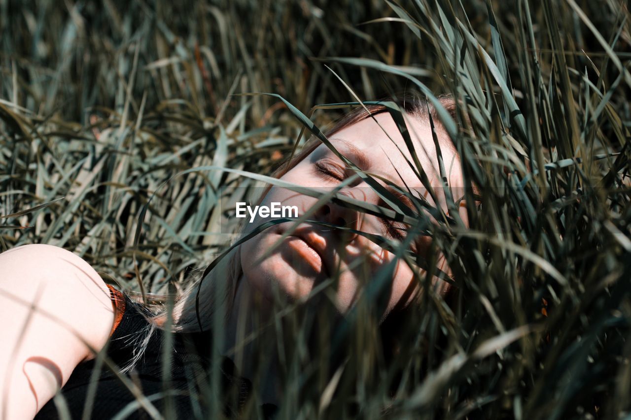 Woman sleeping by grass in sunny day