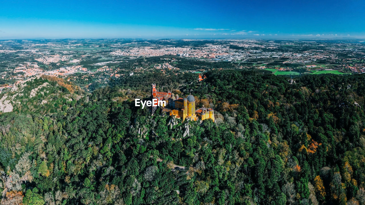 Aerial drone view of pena palace, a romanticist castle in the sintra mountains